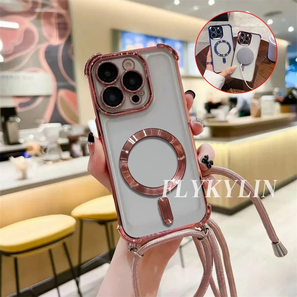 Magnetic Coil Transparent Phone Case with Long Back Rope Attachment