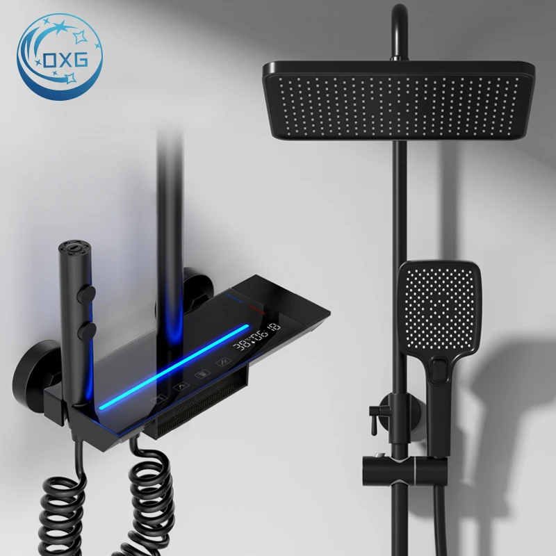 OXG ก๊อกน้ําทองเหลืองระบบ Thermostatic ชุดฝักบัวดิจิตอล, ฝักบัวเรนชาวเวอร์พร้อมก๊อกน้ํา, ก๊อกน้ําอาบน้ําชุดห้องน้ํา, ติดผนัง 1