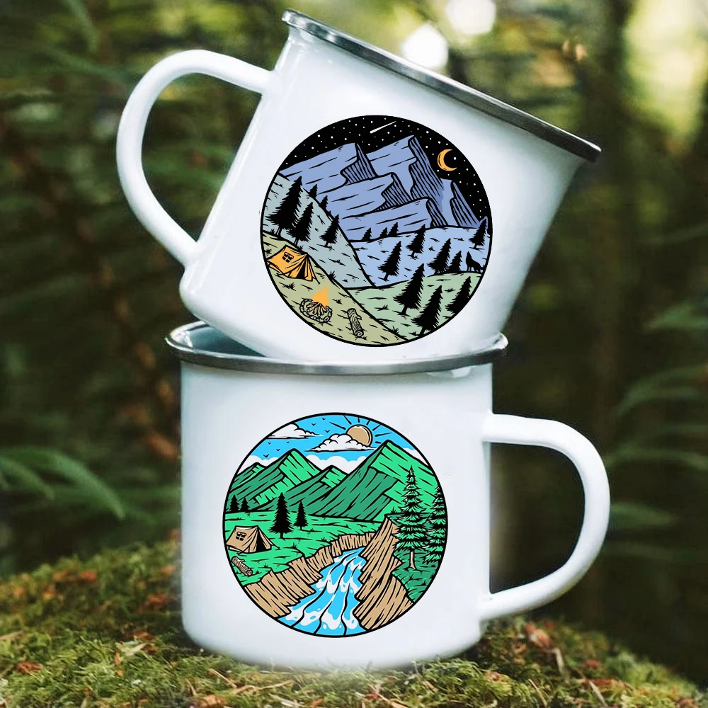 Moon Sun Mountains Print Mugs Camping Smalto Mug Adventure Falò Party Beer Coffee Cup Mountain Handle Cups Regali Per Camper