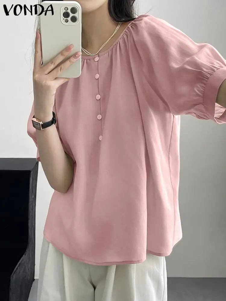 

2024 VONDA Fashion Blouse Elegant Women Casual Tops Loose Solid Color Shirts Short Puff Sleeve O Neck Blusas Femininas Oversized