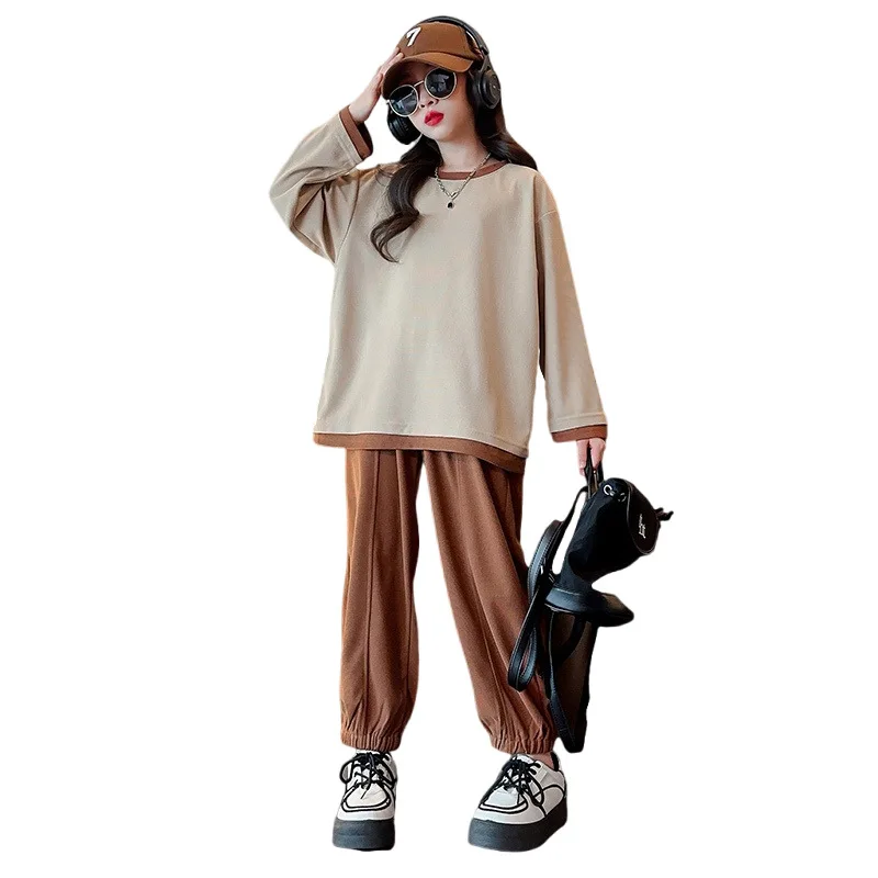 

Spring New Streetwear Set for Teens Korean Loose Fake Two Pieces Top + Trousers 2pcs Kid Clothes for Girls Fashion Outfits 4-14Y