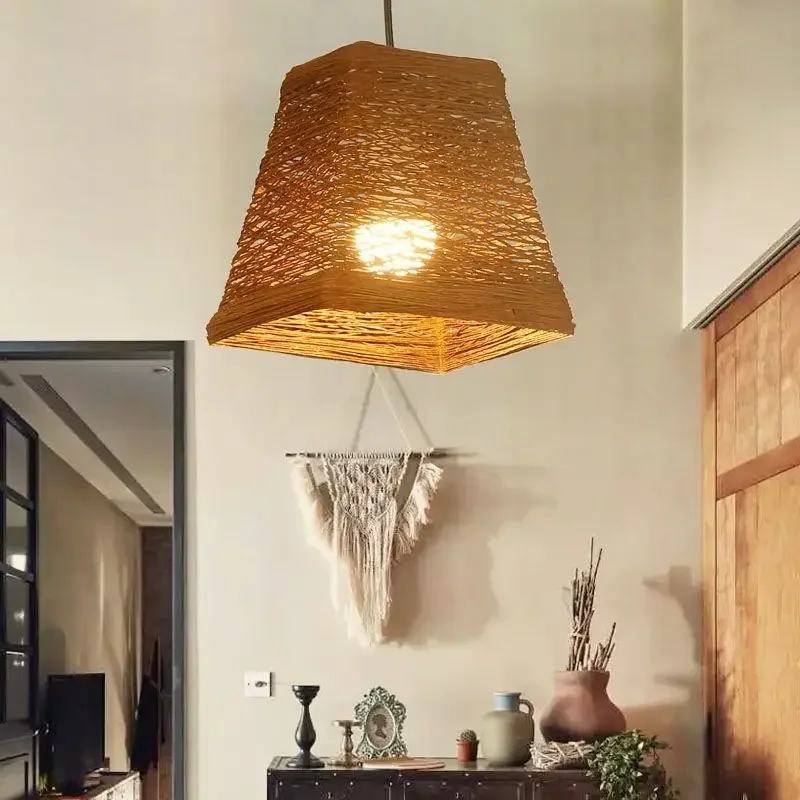 

Vintage Bamboo Weaving Moon Pendant Light Handmade Chandelier Lamp Hanging LED Ceiling Fixtures Rattan Woven Home Bedroom Decors