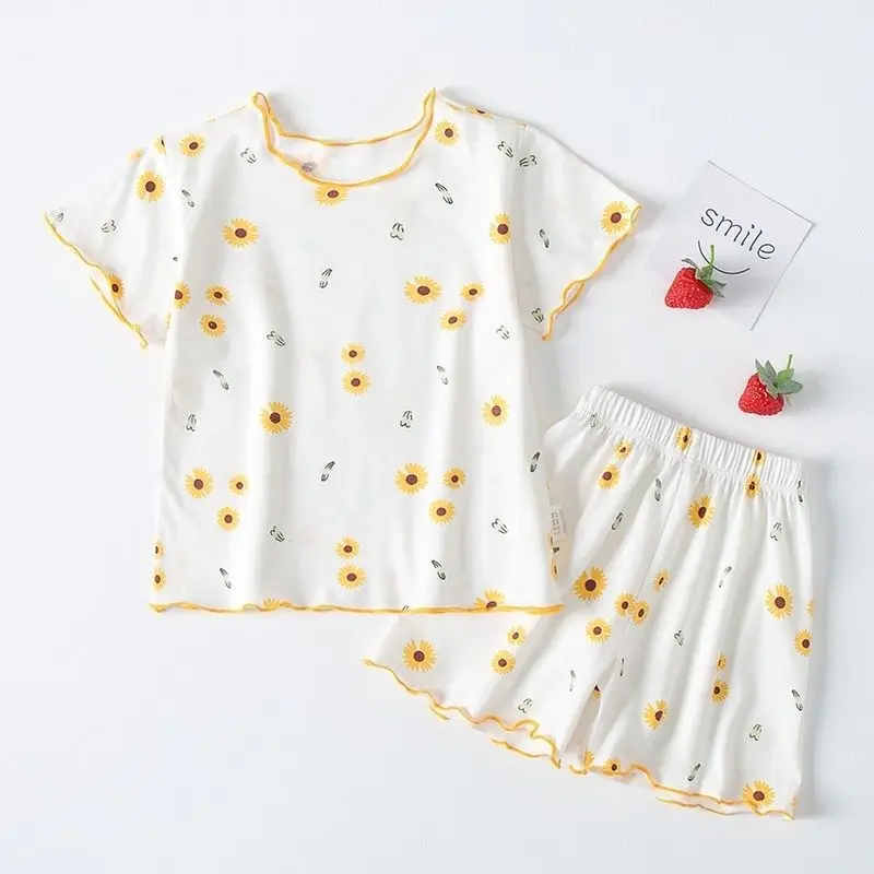Baby Girls Floral Clothes Full Print T-shirts Shorts Pajamas Set Toddler Loungewear Children Sleepwear Nightgown Pijama Infantil