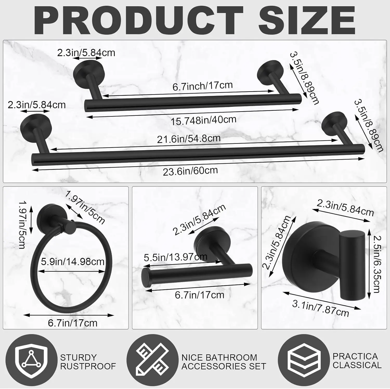 15-Piece Bathroom Set. 23.6" Brushed Towel Bar, Ring, Paper Holder, Hook. SUS304 Stainless Steel. Wall-Mounted. Black.