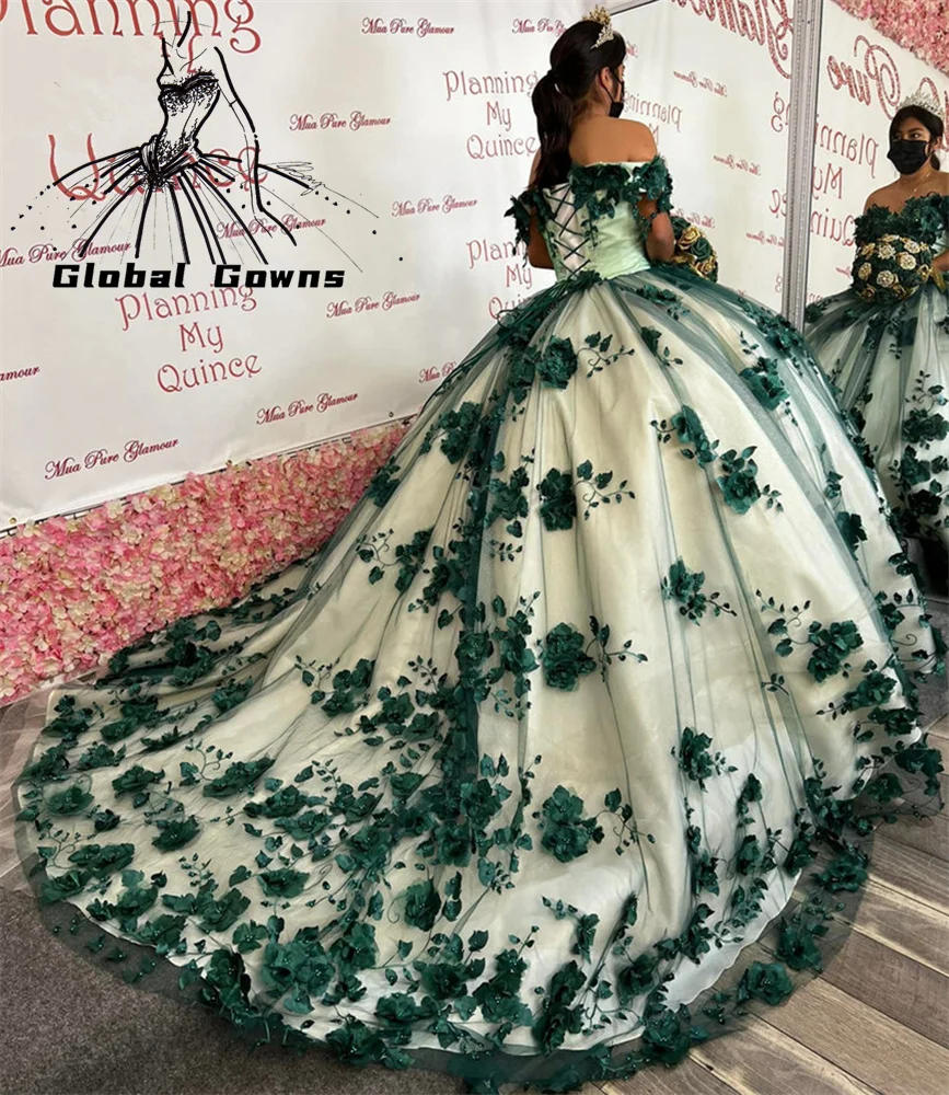 Emerald Green Floral Quinceanera Dresses with 3D Flowers Ball Gown Puffy Sexy Off the Shoulder Corsert Debut Party Customized