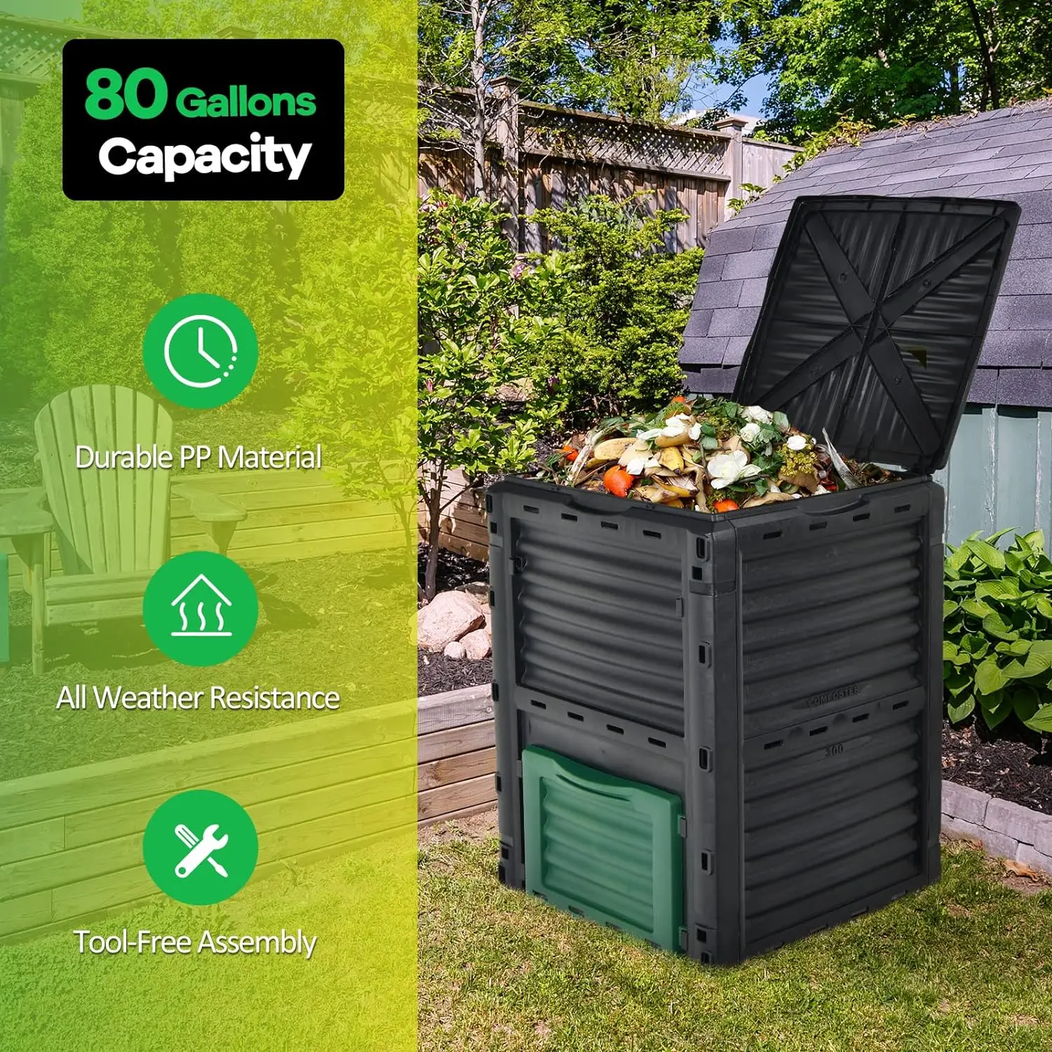 Goplus Compost Bin, 80 Gallon (300 L) Large Outdoor Composting Box w/Top Flip Latch-on Lid, Bottom Exit Door, BPA Free Material, images - 6