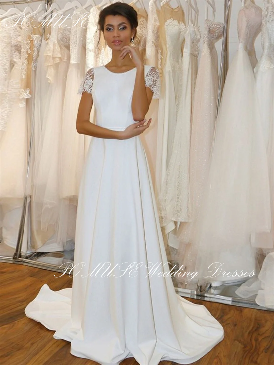 

POMUSE Boho Scoop Wedding Dress A-Line Backless Sweep Brush Train Wedding Bride Gown Custom Made Vestido De Novia for Women