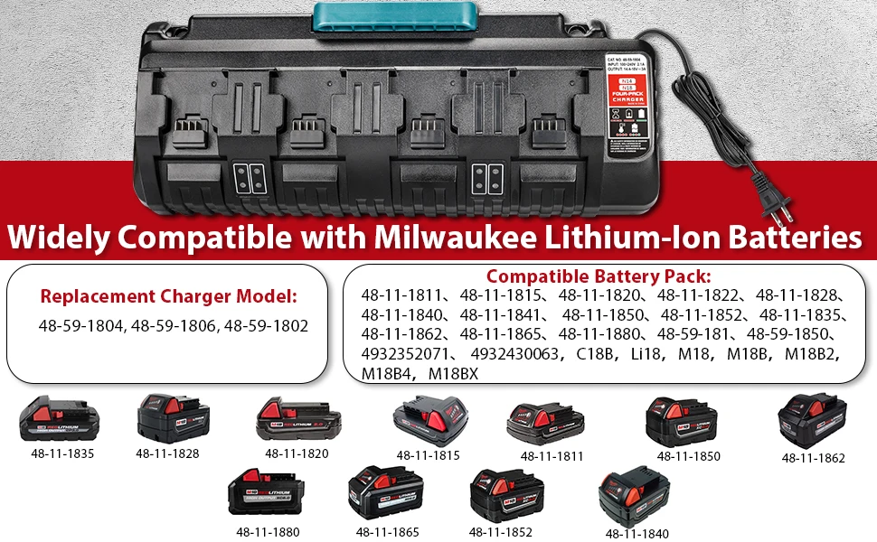 Super Battery Charger Compatible Milwaukee M18 Battery 4/6-Ports Simultaneous Ra