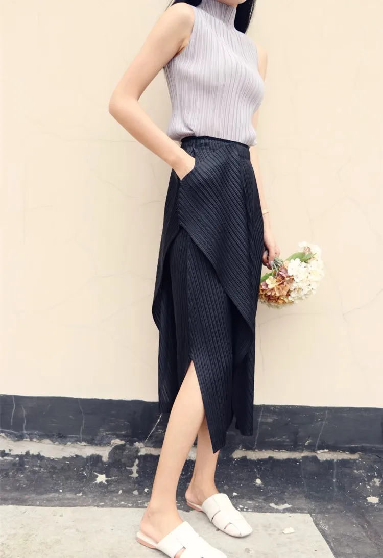 Women Irregular Pleated Skirts Solid Color Spring Summer Female Casual A- Line Midi Skirts Lady High Waist Side Split Skirts