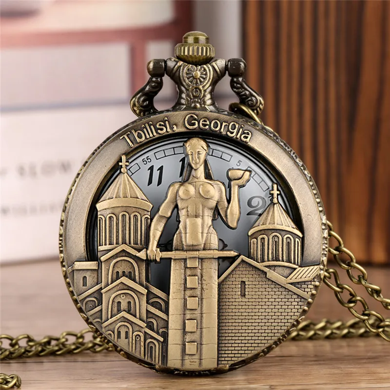 Vintage Style Clock Hollow Out TBILISI GEORGIA Design Men Women Quartz Analog Pocket Watch Arabic Number Necklace Pendant Chain 12 inch vintage arabic numeral design rustic country tuscan style wooden decorative round wall clock
