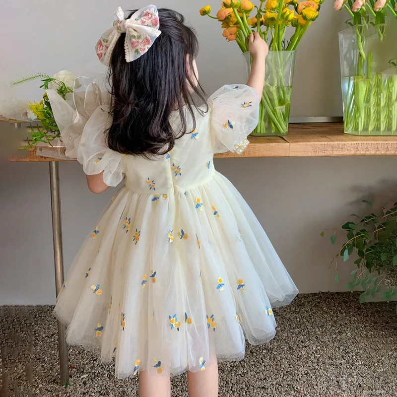 Summer Girls Flower Mesh Princess Dress Kids Cute Puff Short Sleeve Dresses For Girls Korean Clothing Children Dress For 1-6t