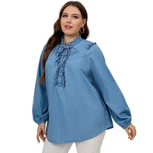 

2022 Women's Plus Size Denim Blue Shirts Fashion Autumn Blouse Casual Button Ruffled Neck Long Sleeve Tops Jean Tunic Blusa