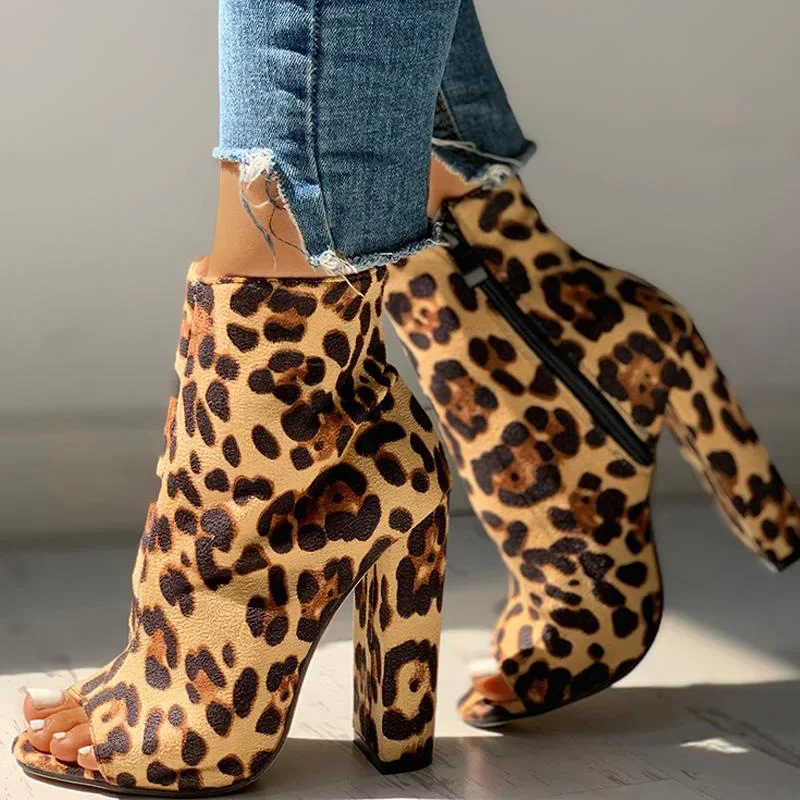 Platform Boots Leopard Print Chunky Heel Boots Leopard Ankle Boot