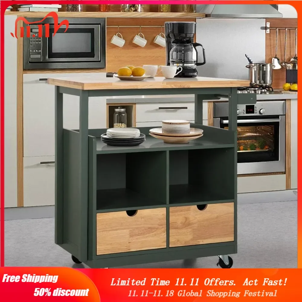 Rolling Kitchen Island on Wheels, Mobile Kitchen Cart Trolley Cart with Rubberwood Tabletop and Open Shelves