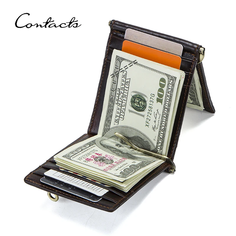 CONTACT'S Genuine Leather Money Clip RFID Card Wallets for Men Luxury Brand Zip Coin Purse Trifold Slim Cash Holder Men's Wallet