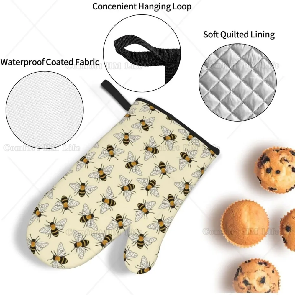 Happy Busy Bees Oven Mitts and Pot Holders Sets of 4 High Heat Resistant Non-Slip Bees Oven Gloves for Kitchen Cooking Grilling