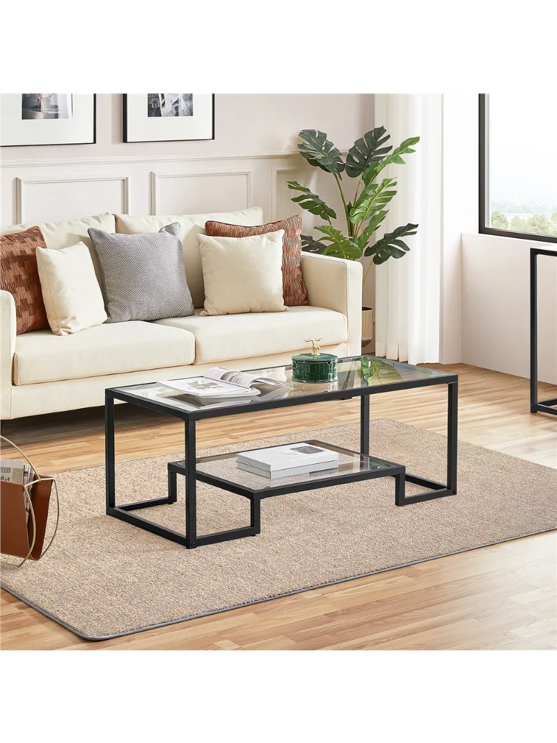 

Smile Mart Modern Glass Coffee Table with Metal Frame, Black