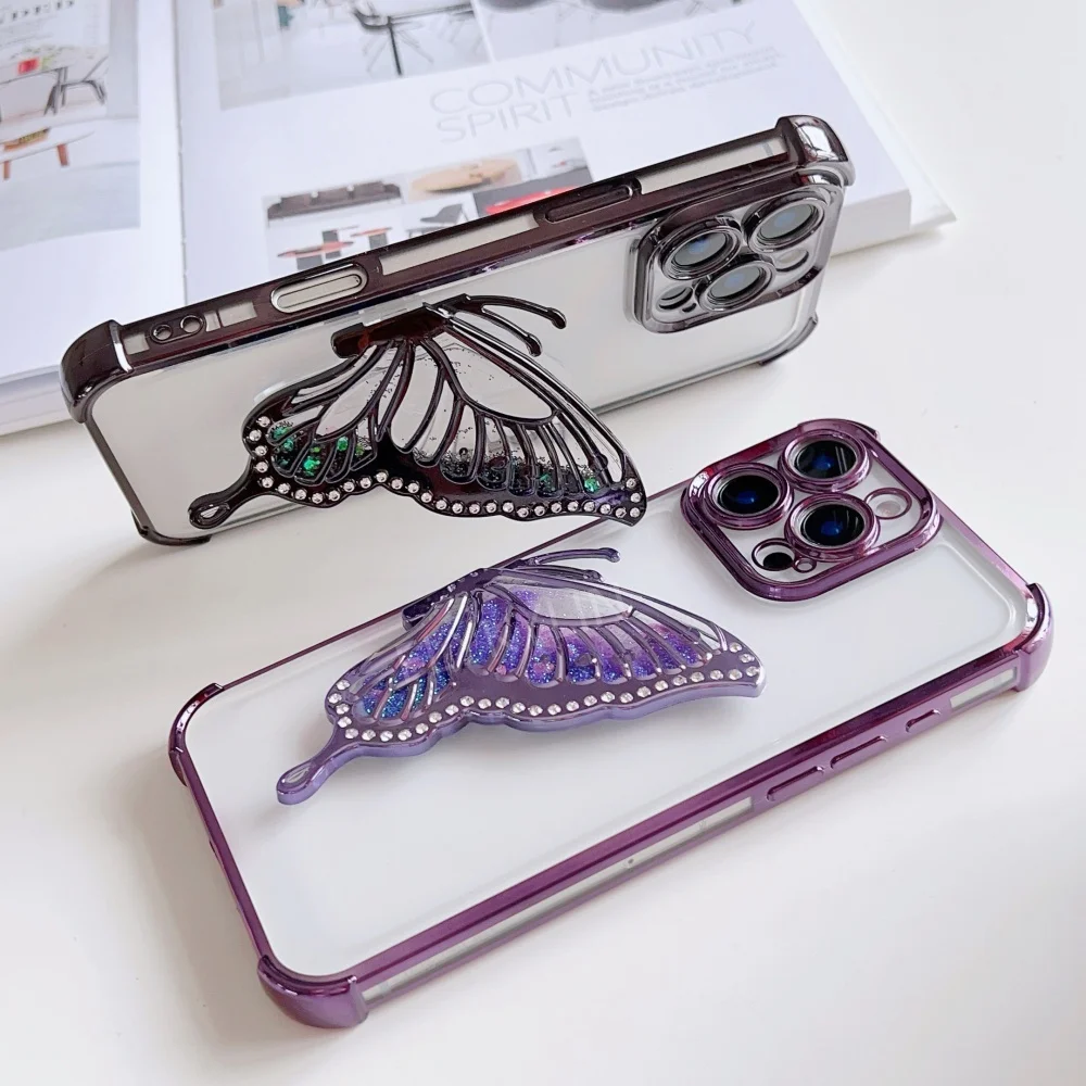 Electroplated Transparent Shiny Butterfly Bracket Phone Case