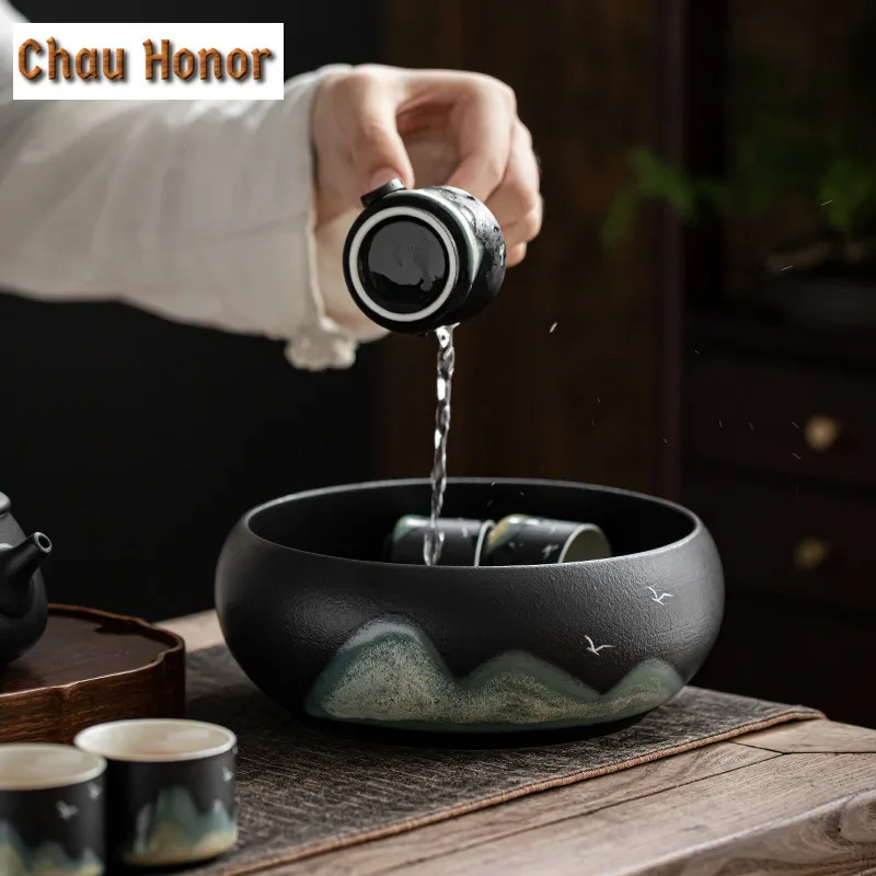 1350ml Distant Hills Ceramic Large Tea Washing Basin Household Ceramic Tea Cup Tea Residue Wash Bowl Tank Jian Shui Tea Ceremony