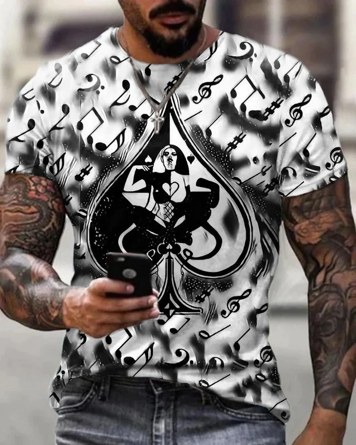 

2023 Summer Men's Printed Casual Crew Neck Short Sleeve T-Shirt Playing Card Music 3D Printed T Shirt