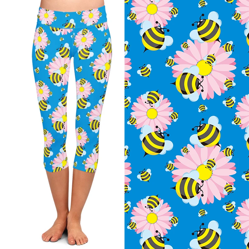 LETSFIND Summer New Women Stretch Capri Pants High Quaility 3D Cute Bees Print High Waist Mid-Calf Casual Leggings