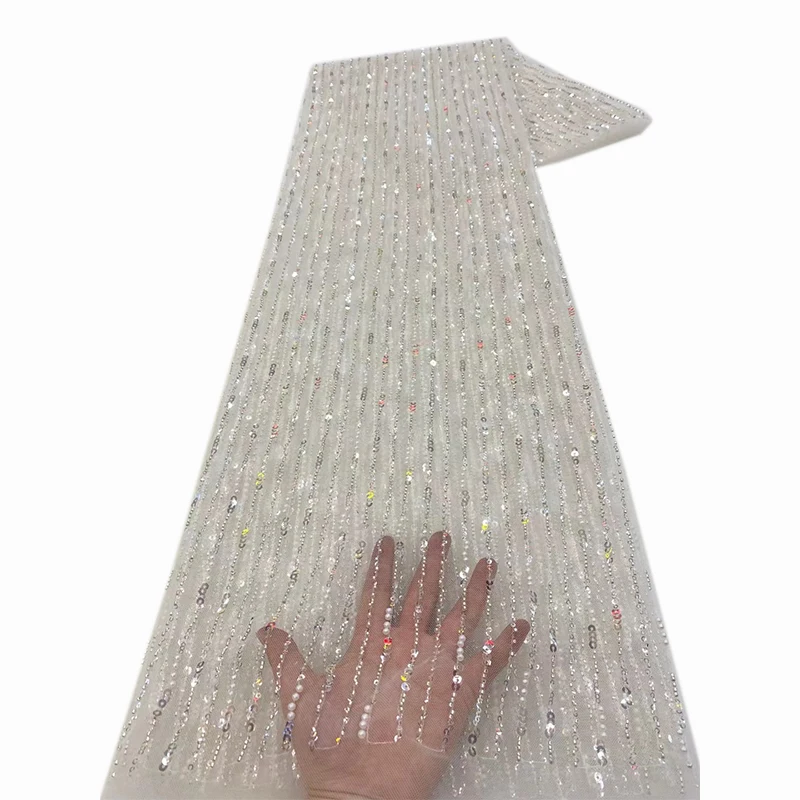 African Lace Fabric Sequins Beaded Embroidery Groom Nigerian Bridal French Tulle Lace Fabric For Wedding