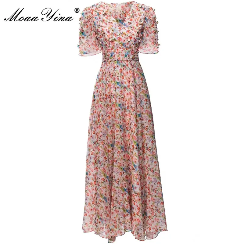 

MoaaYina Fashion Designer dress Spring Women's Dress V-Neck Short Sleeve Applique Flower Printing Casual Party Dresses