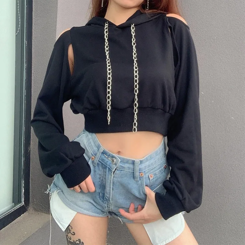  Sexy Hoodie Fashion Women Autumn Spring Long Sleeve Cut Out Chain Hoodie Short Sweatshirt Hollow Crop Top Women's Clothing