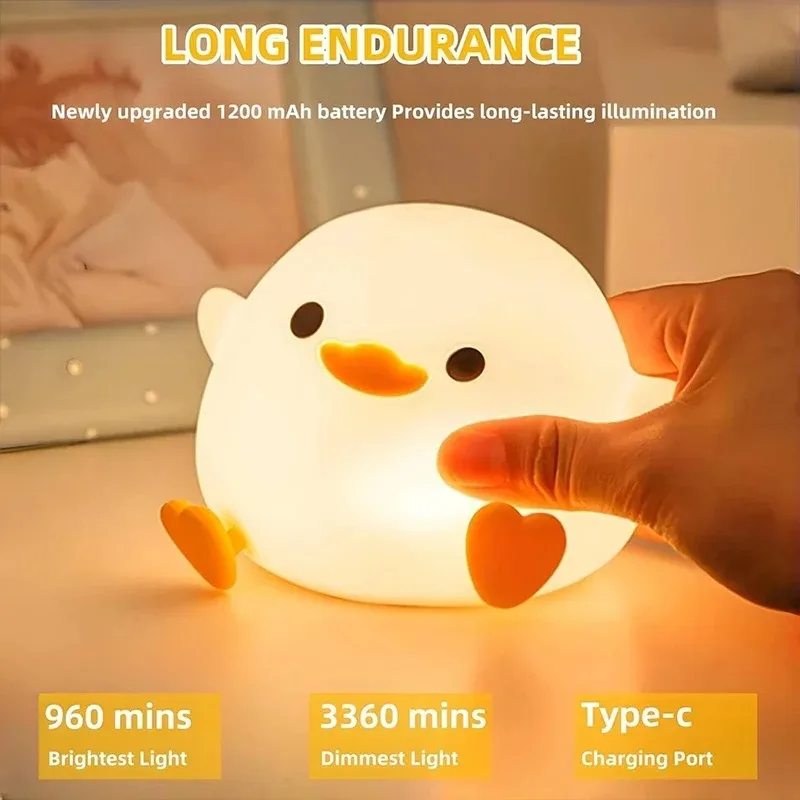 Cute Duck LED Night Light - Food-Grade Silicone Touch Sensor Lamp with Timer & USB Charging, Bedtime Companion for Kids' Rooms
