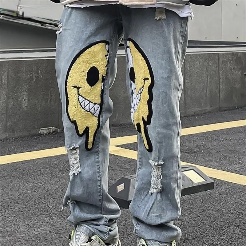 

Irregular Ripped Hole Jeans Denim Pant Woman Man Straight Patchwork Baggy boyfriend y2k Punk Kpop Harajuku Streetwear Hip Hop