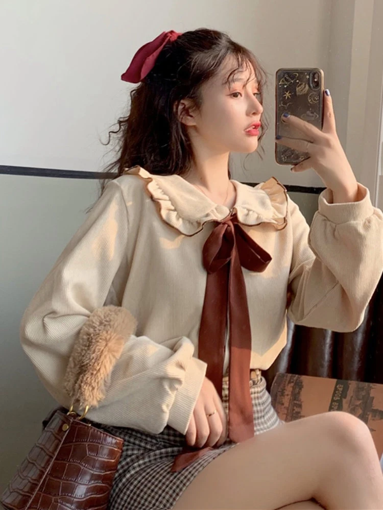 

2023 Basic Bow Patchwork Women Blouse Preppy Sweet Peter Pan Collar Blusas Long Sleeve All Match Solid Fashion Loose Shirt