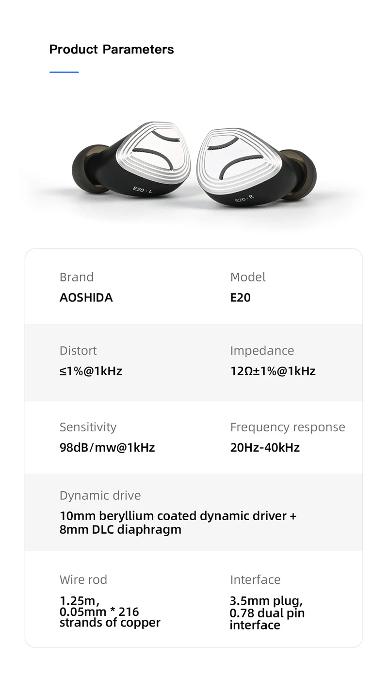 HiFi Audio Earset, berílio revestido, driver dinâmico,