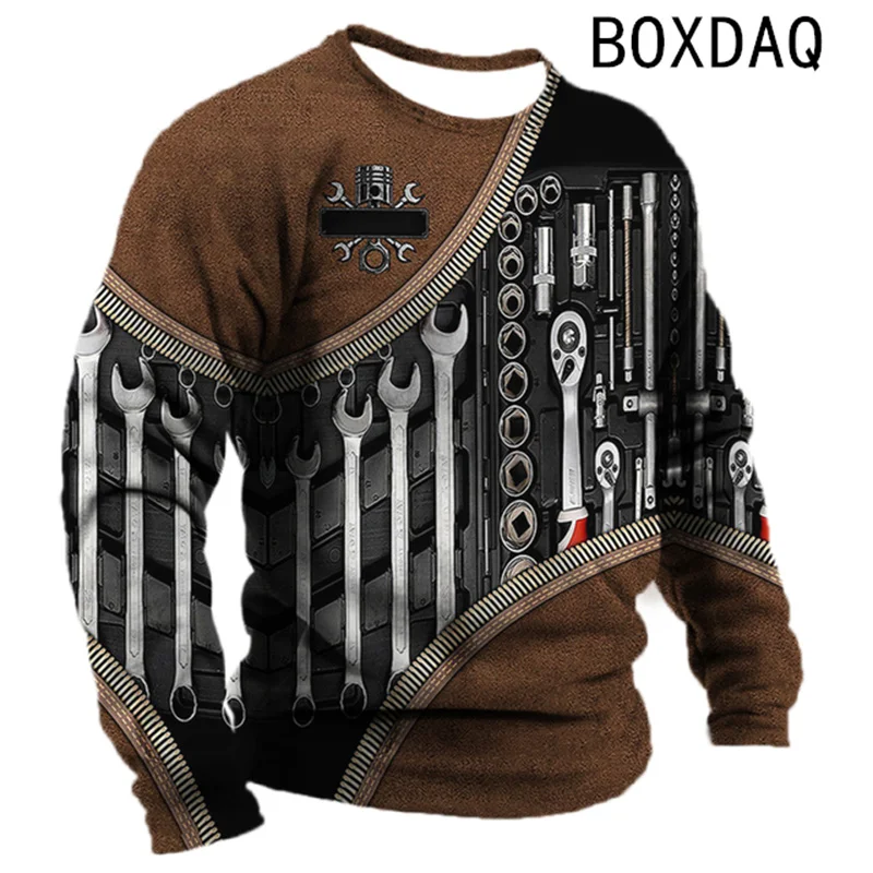 

2023 New Men's Long Sleeve Casual T-shirt Autumn New Retro Tool Mechanical Pattern Top Fashion Street Cool Personality Top