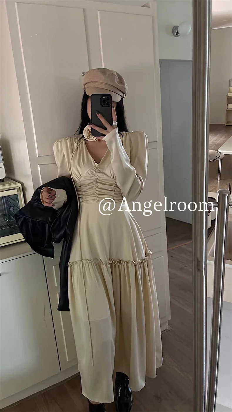 Autumn Satin Midi Dresses for Women Long Sleeve V-neck Folds Design A-line Korean Fashion Office Lady One Piece Vestidos New