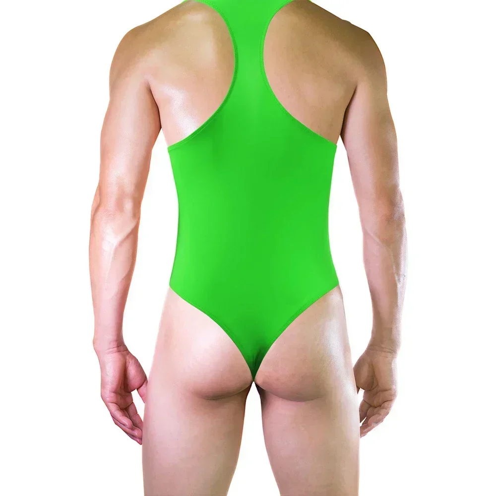 Mens Ice Silk Backless Singlet Bodysuit Solid Color Sleeveless Jumpsuit High Cut Convex Pouch Leotard