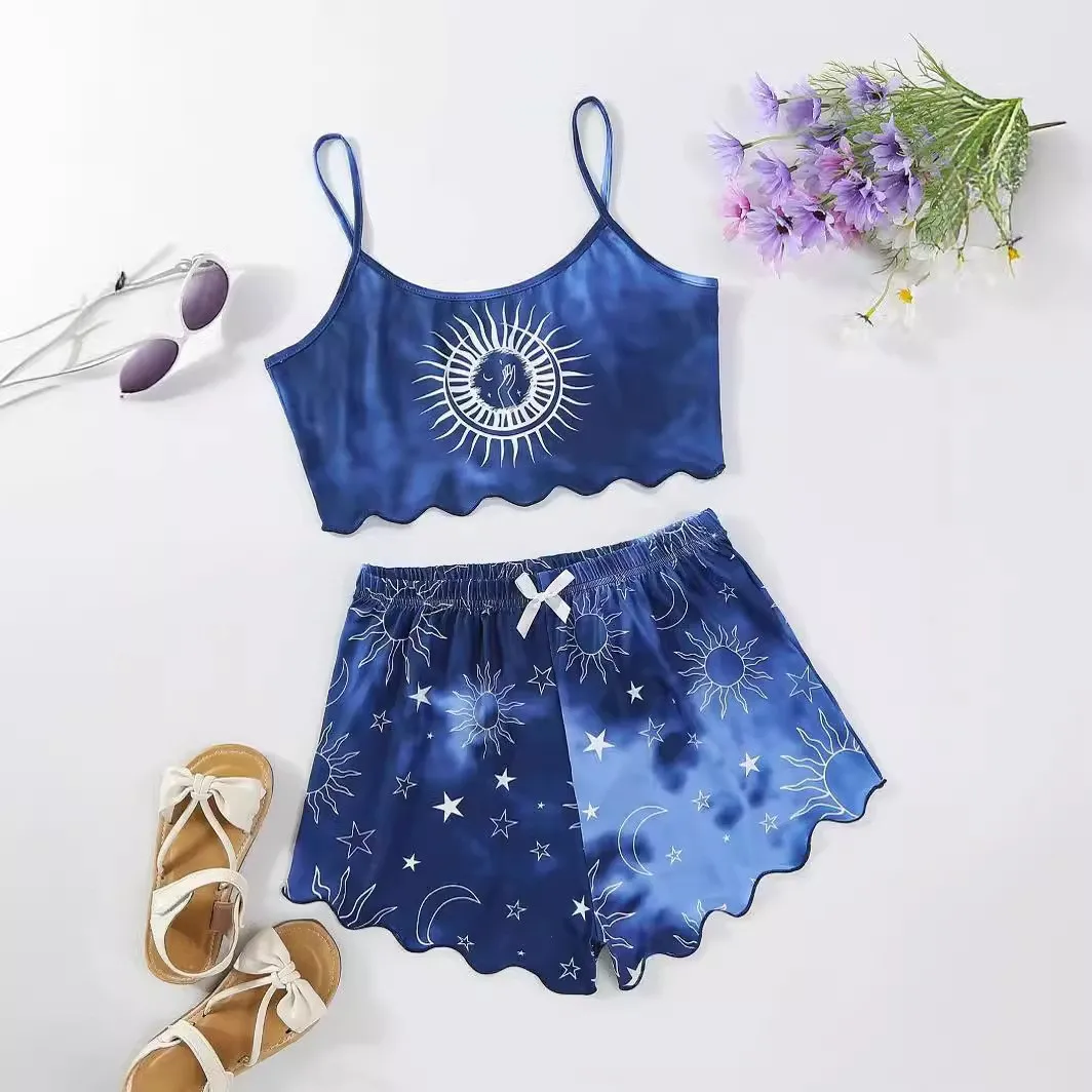  Women's Pajama Set Sun Print Camisole Shorts Pyjama Spaghetti   Strap Female Sexy Sleevless Crop Elastic Sleepwear 