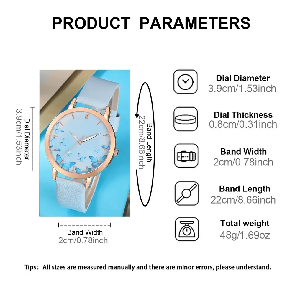 Women Watches 7pcs Women's Watch Set Fashion Casual Blue Butterfly Quartz Watch Fashion Casual Bracelet Set
