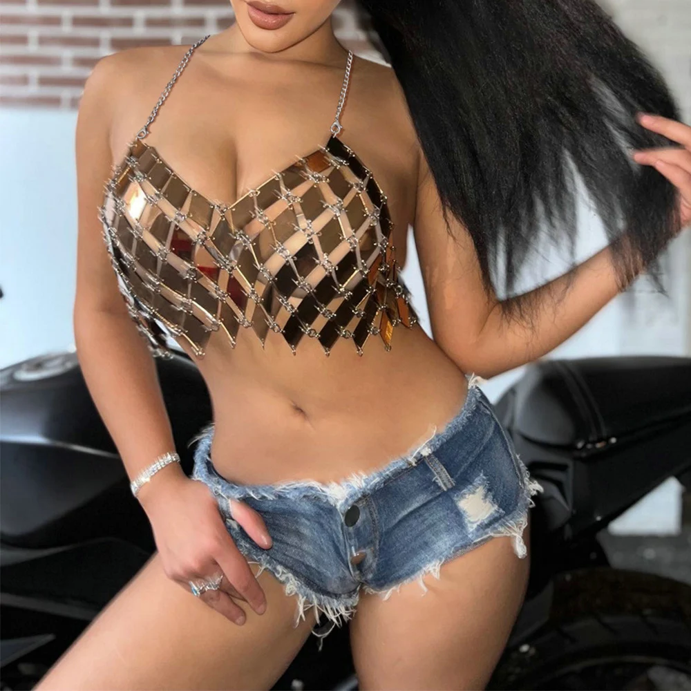 

SJ Fashion Sexy Metal Chainmail Glittering Sequin Corset Crop Top Women Halter Backles Beach Club Party Top