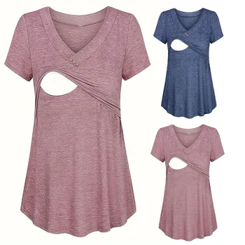 Casual Womens Maternity T-Shirt Top Summer Soild Color Short Sleeve Tee Shirt Crew Neck Basic Nursing Tops Comfort Tee