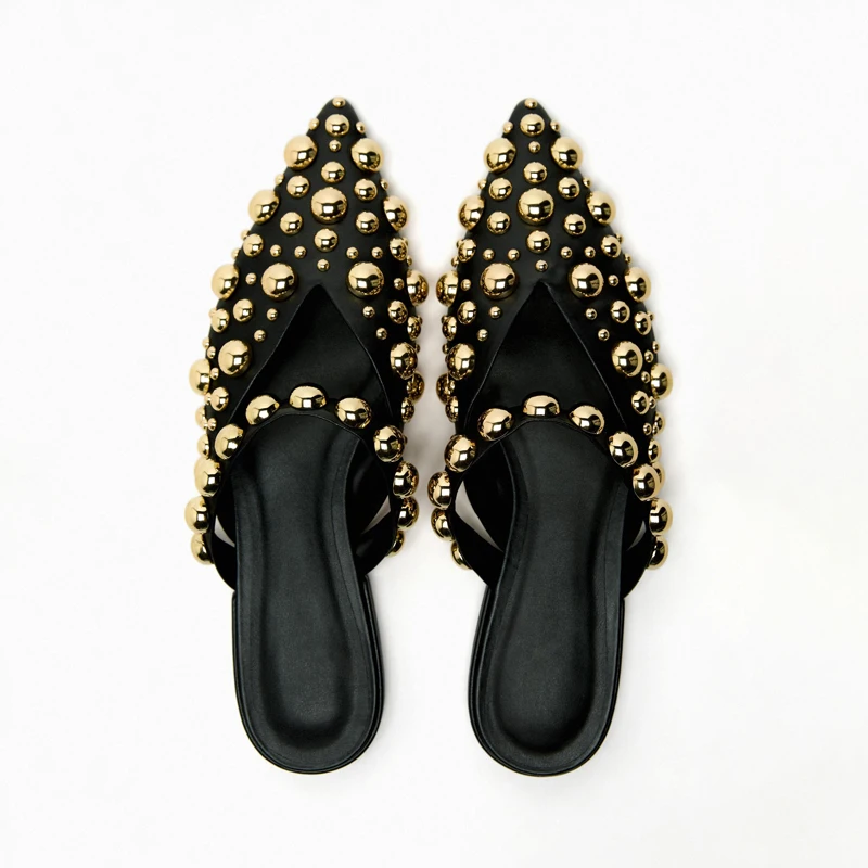 

Brand Design Women's Slippers Rivet Pointed Toe Flats Mueller Shoes Fashion Black Modern Slipper Flat Flip Flops Slides Shoe