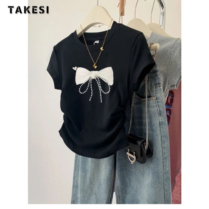 

Женская футболка с коротким рукавом, Повседневная приталенная черная футболка с круглым вырезом и бантом, в Корейском стиле, лето 2024