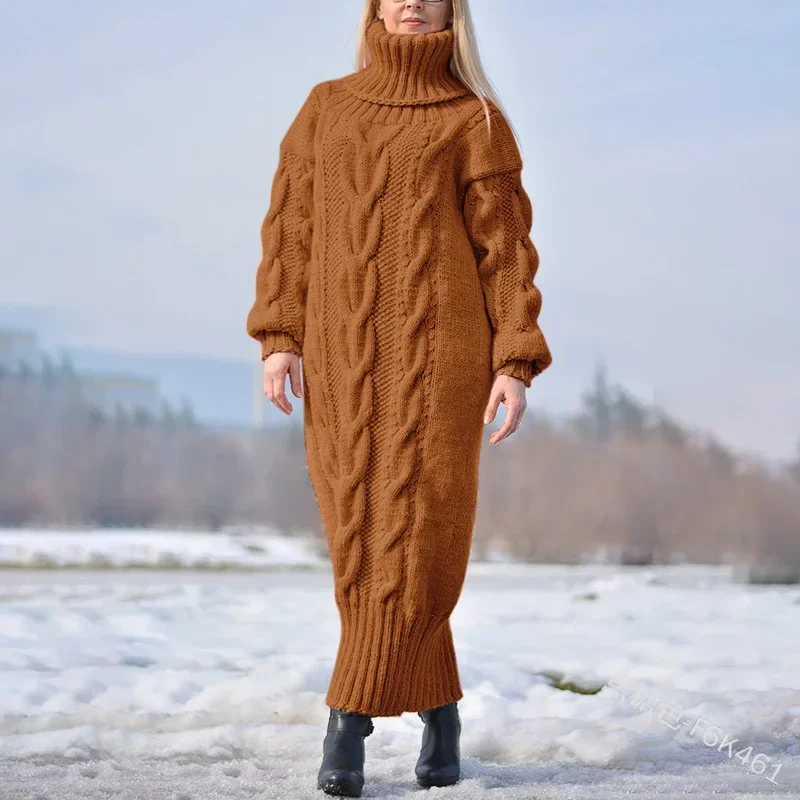 chinese dress ladies Pink Queen Women's Turtleneck Lantern Long Sleeve Oversize Chunky Pullover  Sweater Short Dress Brown XL at Amazon Women's Clothing store main image 0