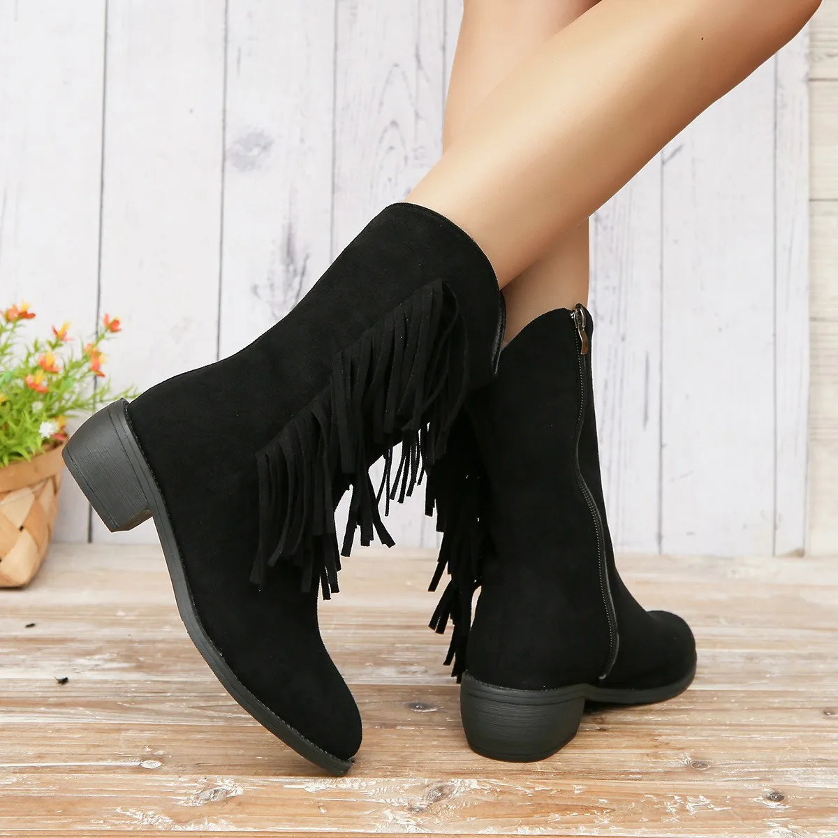 Aphixta Fringe Women Ankle Boots Side Zipper High Heels Modern Ankle Boots Black Shoes Woman Boats botines Plus Size 43 Footwear