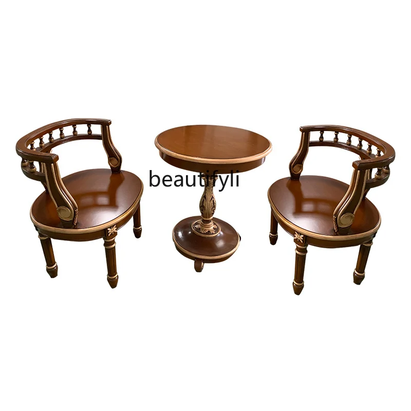 

American-Style Solid Wood Sofa Chair Living Room Bay Window Armchair Coffee Table Combination Complete Set with Armrest