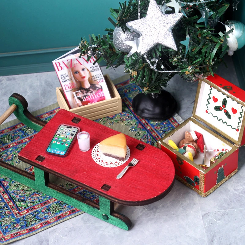 

1:12 Dollhouse Miniature Christmas Sleigh Coffee Table Cheesecake Cream Caks Food Set Model Doll Living Scene Decor Toy