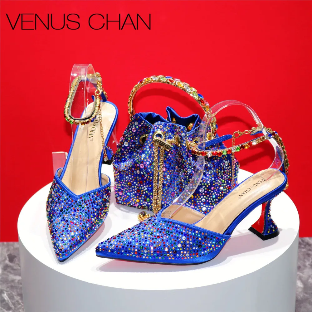 

Pattern Popularity 2024 Royal Blue High Quality Peep Toe Design Mature Classics Ladies Shoes Matching Bag Set For Party