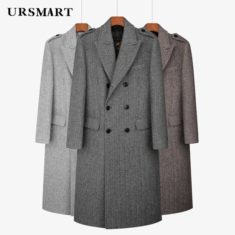 남성용 클래식 헤링본 패턴 롱 울 코트, 더블 브레스트, 영국 패션, 두꺼운 다운 재킷 코트