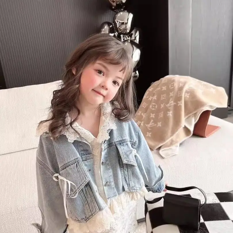 2025년 봄 가을 여아 데님 코트와 우아한 레이스 드레스 투피스 세트