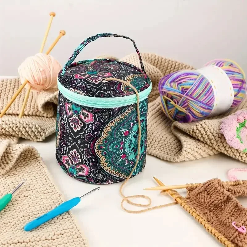 Portable round yarn storage bag knitting bag threaded hole pipe crochet hook tool 1pc