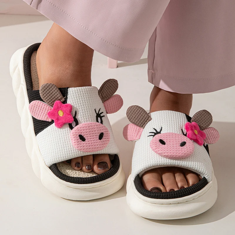 Cute Cow Thick Bottom Linen Slippers Women 2024 Winter Comfort Home Cotton Slippers Woman Flat Heels Non Slip Indoor Shoes Slide